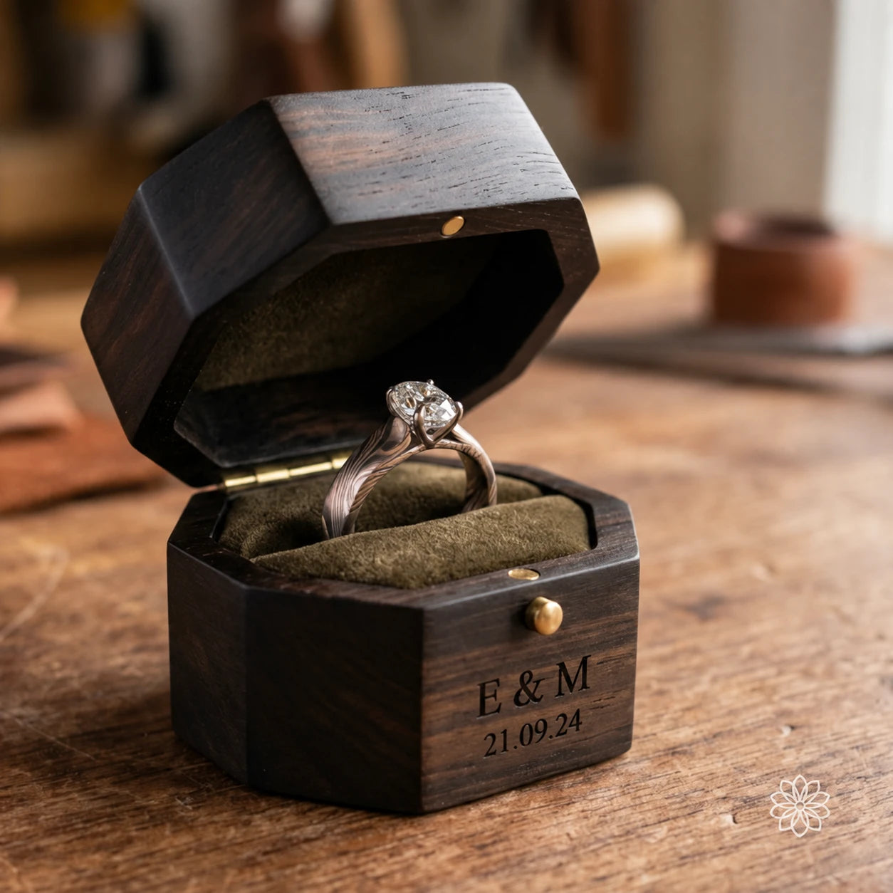 An engraved wooden proposal box holding a ring, with a fitted fabric interior.
