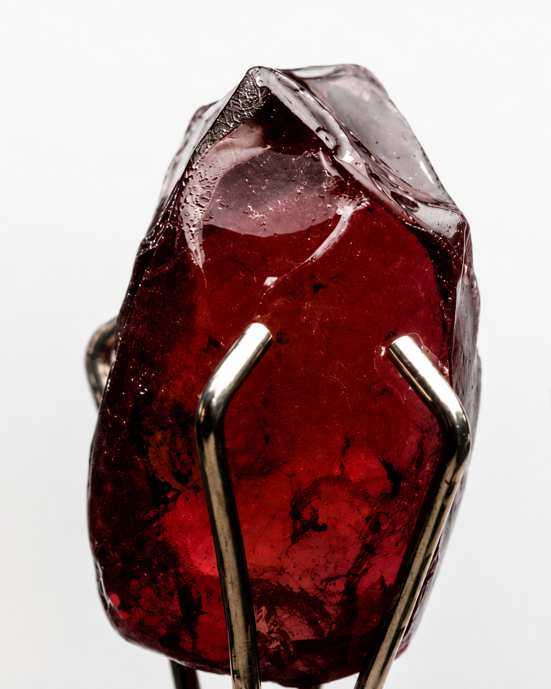 red garnet rough being held by a stone holder tool for closer examination for faceting