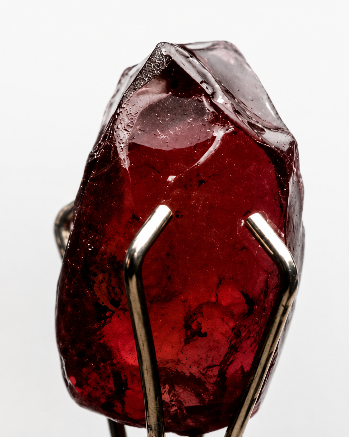 red garnet rough being held by a stone holder tool for closer examination for faceting