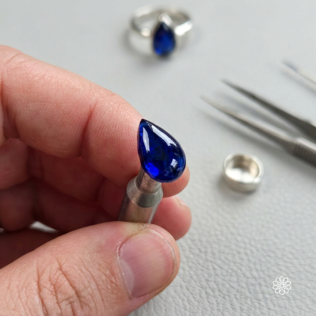 A polished, blue Madagascar sapphire, on an aluminum dop stick