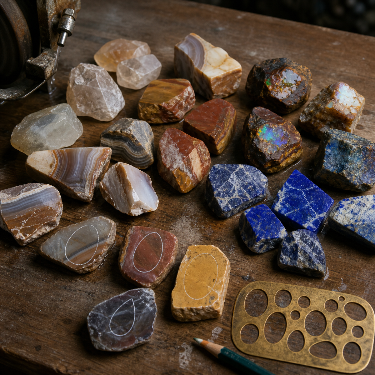 Assorted cabbing rough grouped on a lapidary bench with marked outlines and a brass shape template.