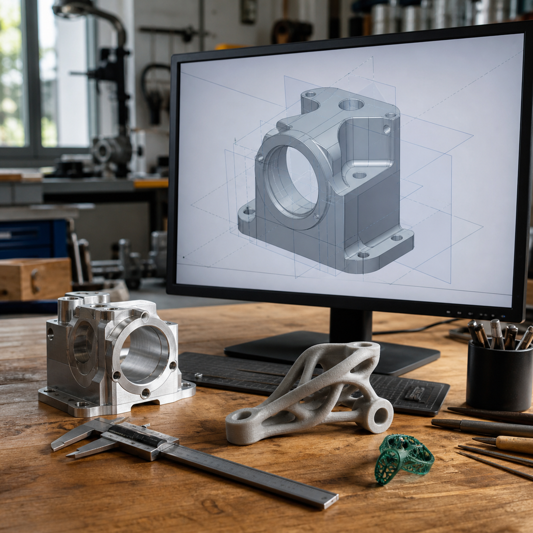 CAD model, machined prototype, printed form, and wax pattern arranged on a small-batch manufacturing workbench.