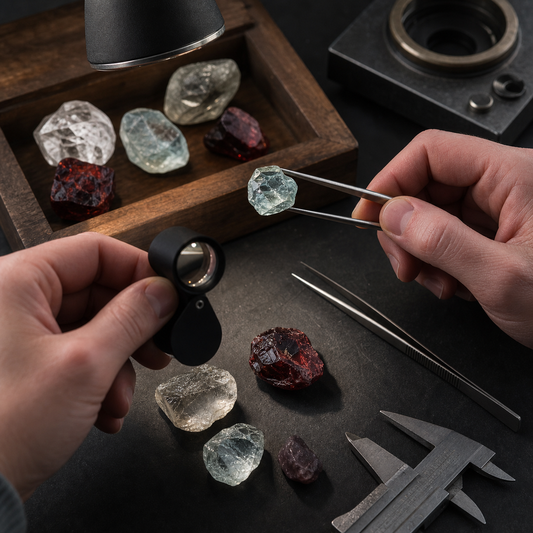 Faceting rough examined with tweezers and a loupe under controlled workshop lighting.