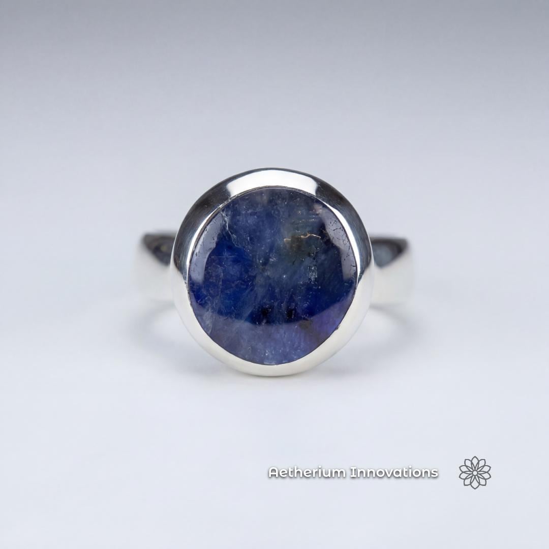 a beautiful blue Madagascar cabochon in a sterling silver ring. 