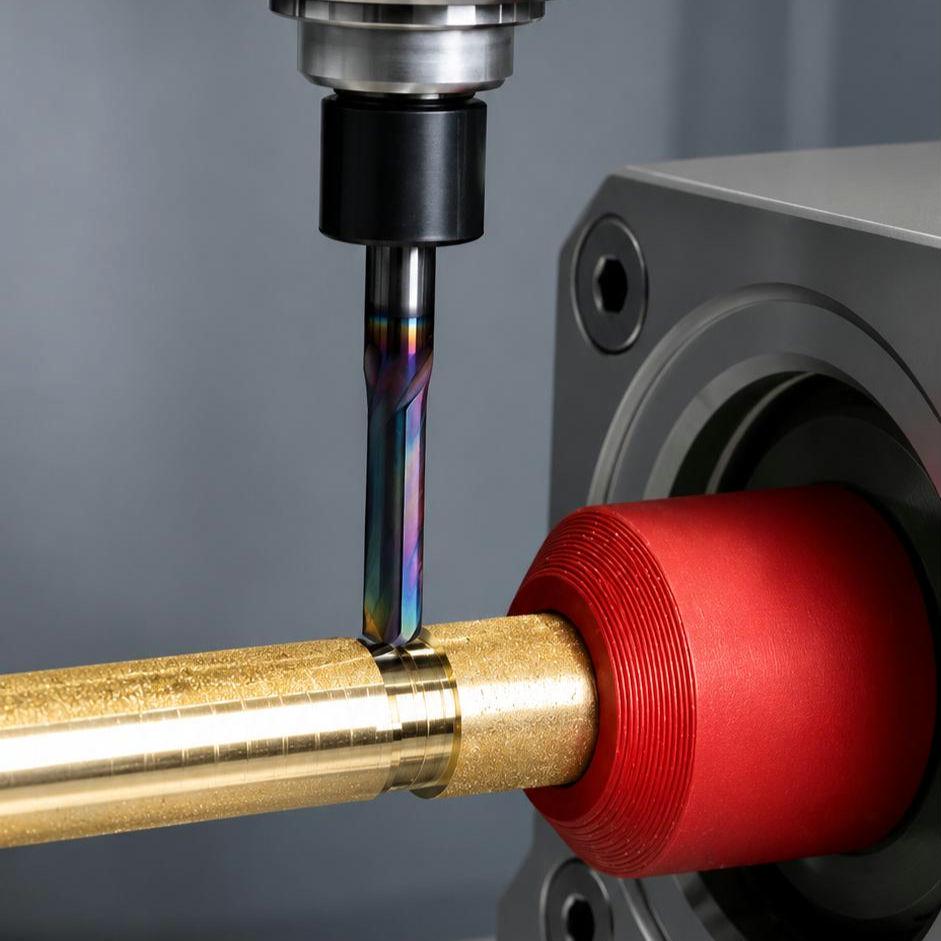 Brass rod being machined on a CNC rotary lathe using a stability adapter jig.