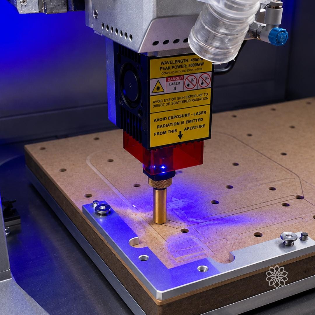 Desktop CNC machine working over a fixture plate with a compact laser head and enclosed work area.