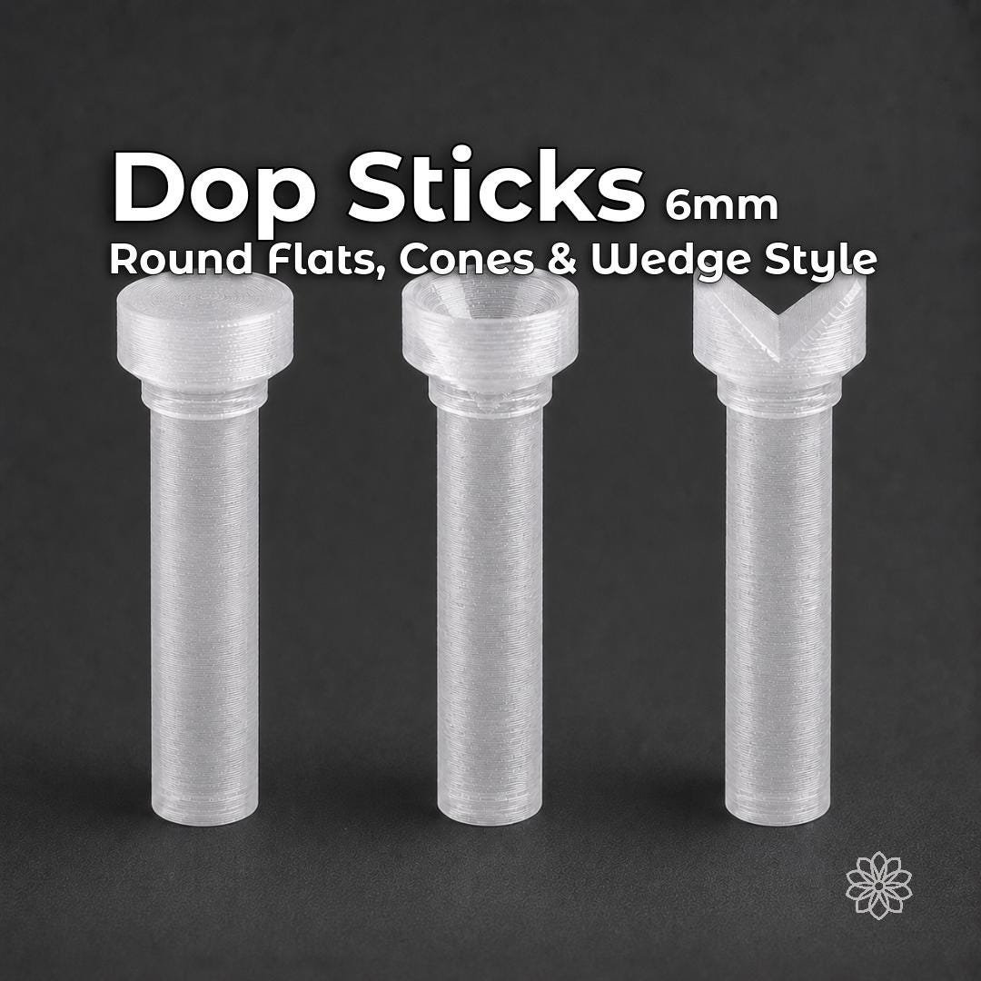 Three transparent polycarbonate dop sticks with flat, cone, and wedge profiles.