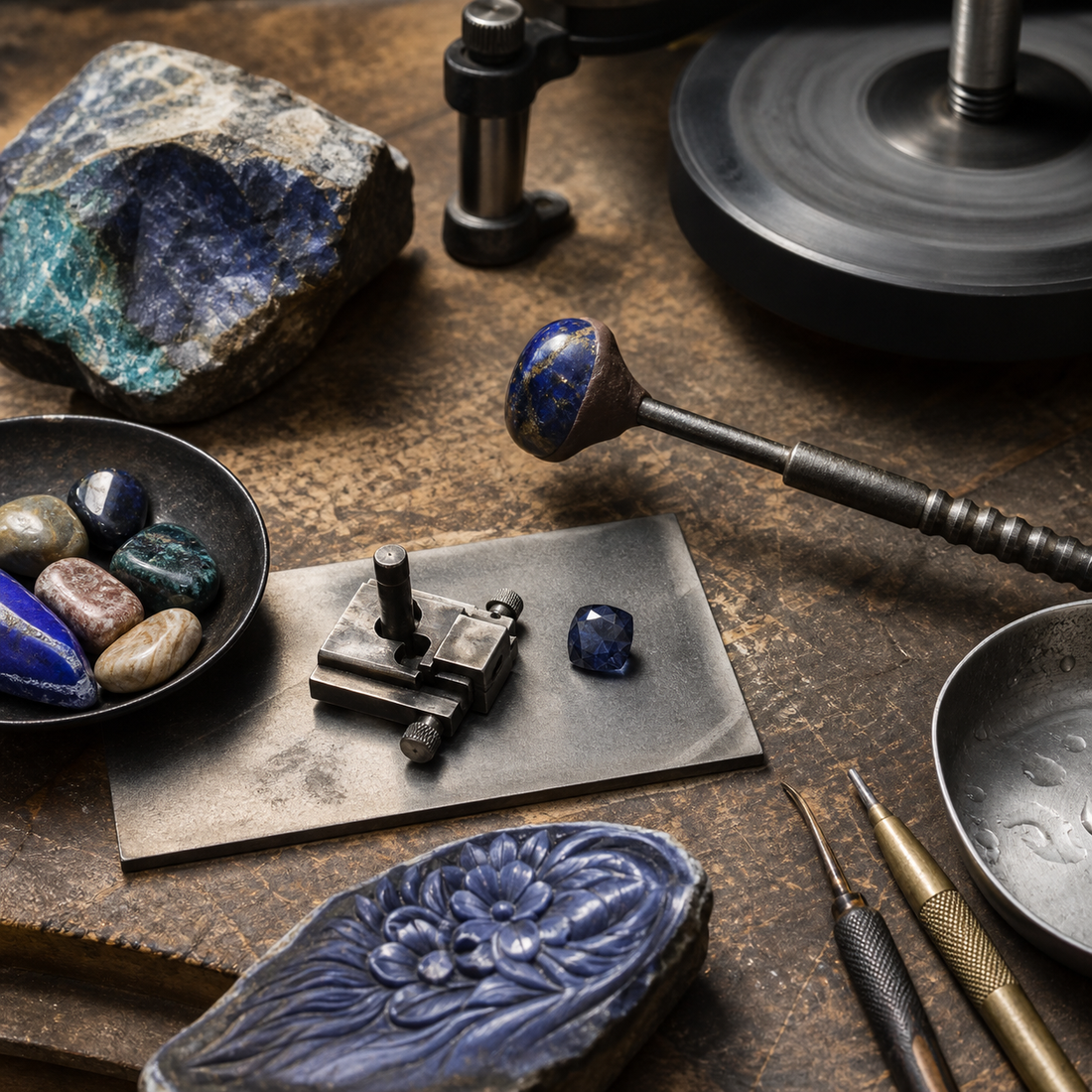 Rough, cabbed, faceted, carved, and tumbled stones arranged across a working lapidary bench.