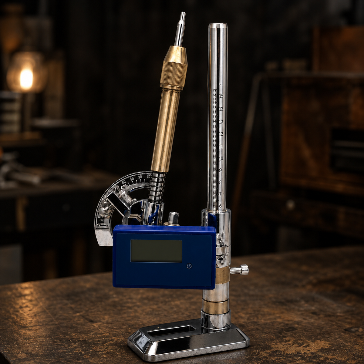 Aetherium digital faceting mast at rest with its engraved height scale, angled quill assembly, mechanical protractor, blank display, and metal base.