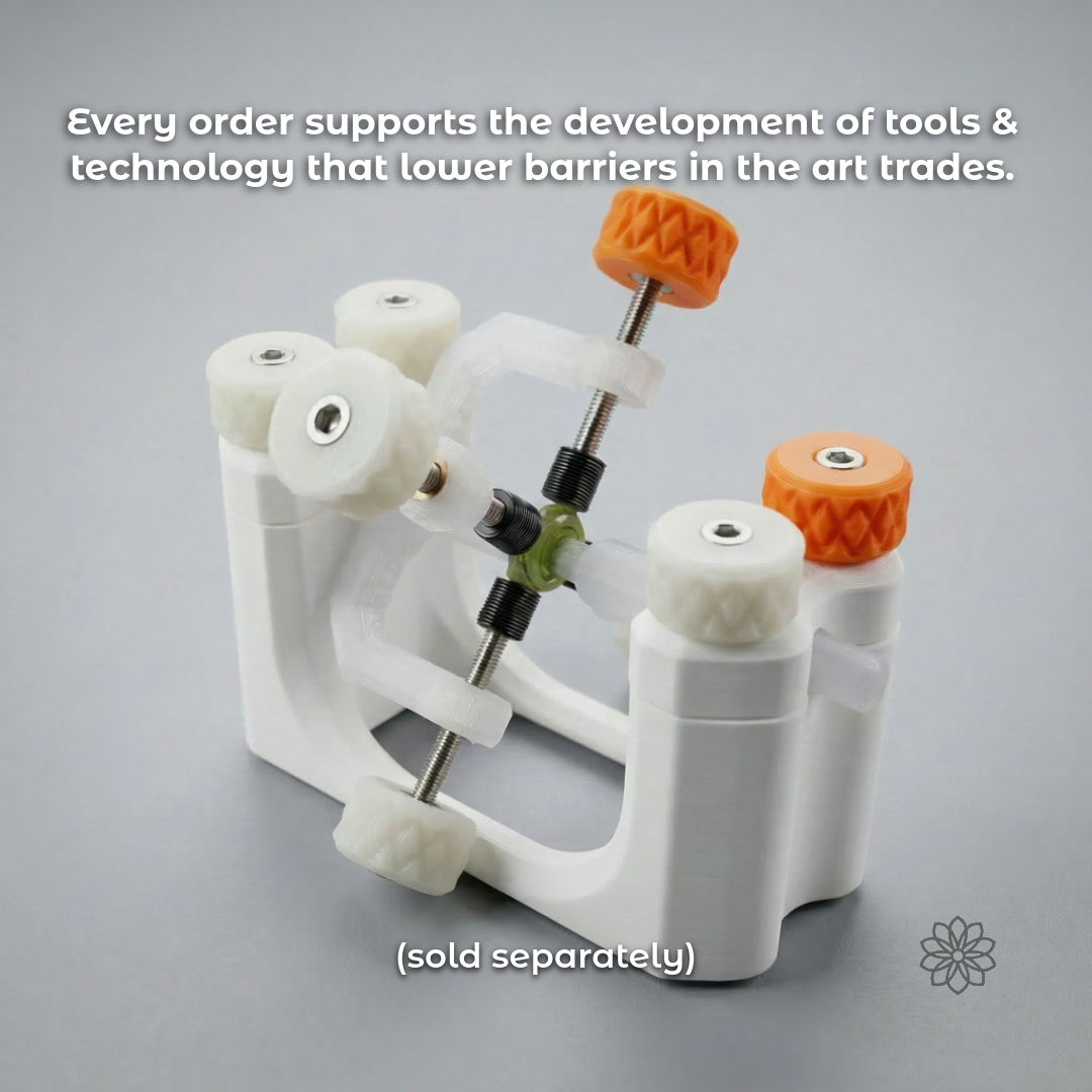 White tool with orange and green components on a gray background, with text about supporting tools and technology.