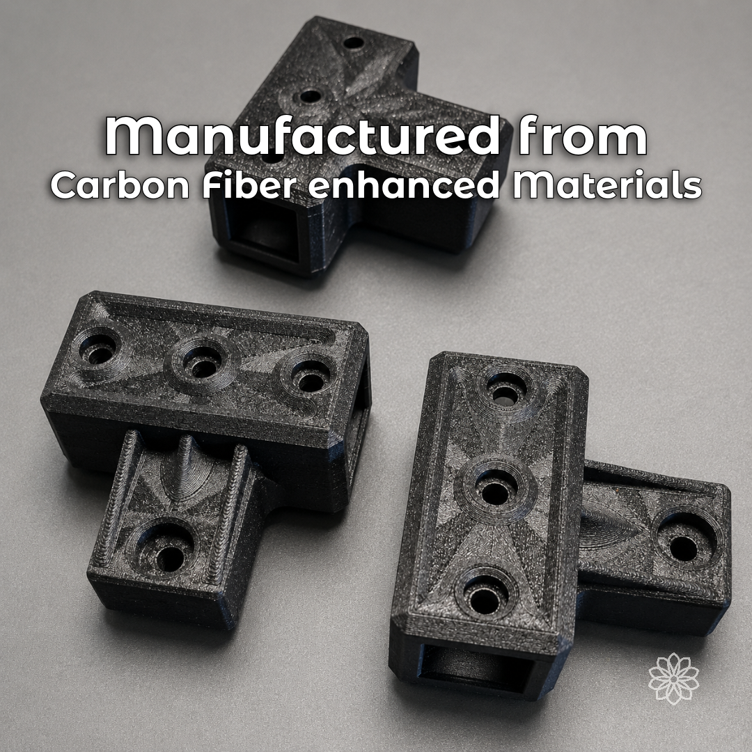Carbon-fiber-enhanced 2020 mounting brackets shown from above with mounting holes visible.