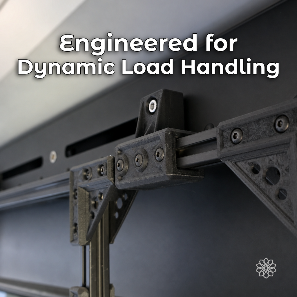 Multiple 2020 mounting brackets secured along camper extrusion under a Super Pacific interior panel.