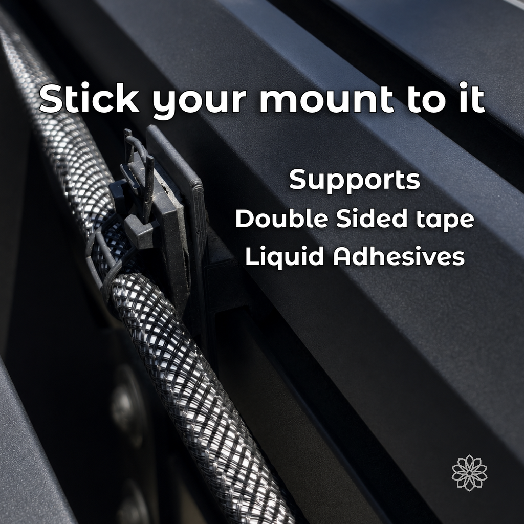 RTT cable mount shown beside a cable route and adhesive mounting context.