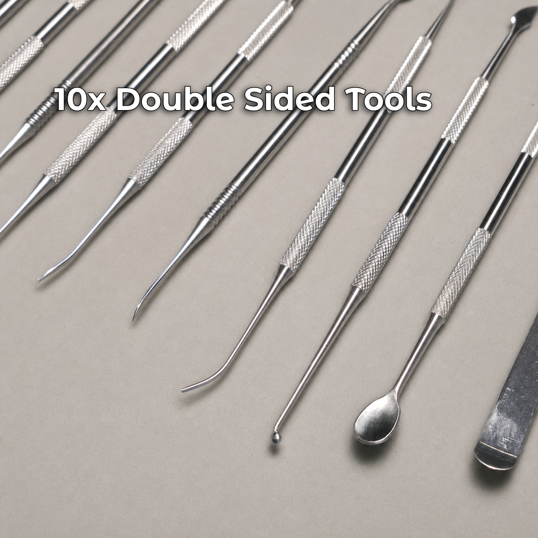 Ten double-ended metal wax and clay carving instruments showing knurled grips and varied fine-detail working profiles