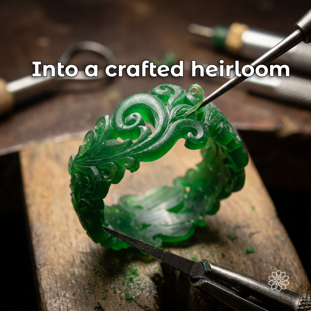 Pointed hand carving tools refining scrollwork on an ornate green wax ring model at a jeweler's bench