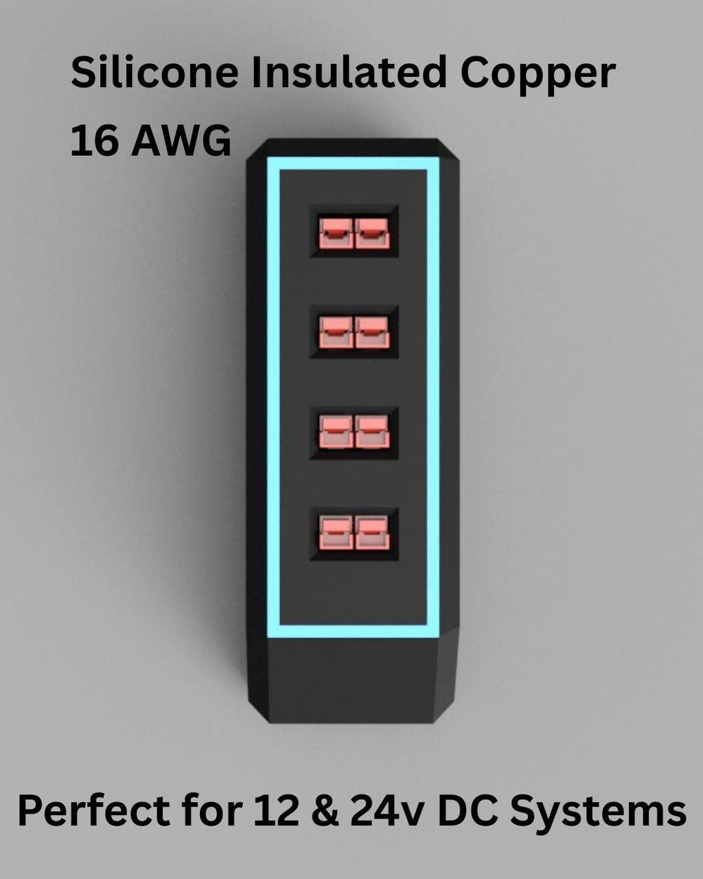 Close-up of the DC power splitter showing four red Anderson Powerpole connectors aligned vertically in a matte black rectangular housing. The product is designed for 12V and 24V DC systems.