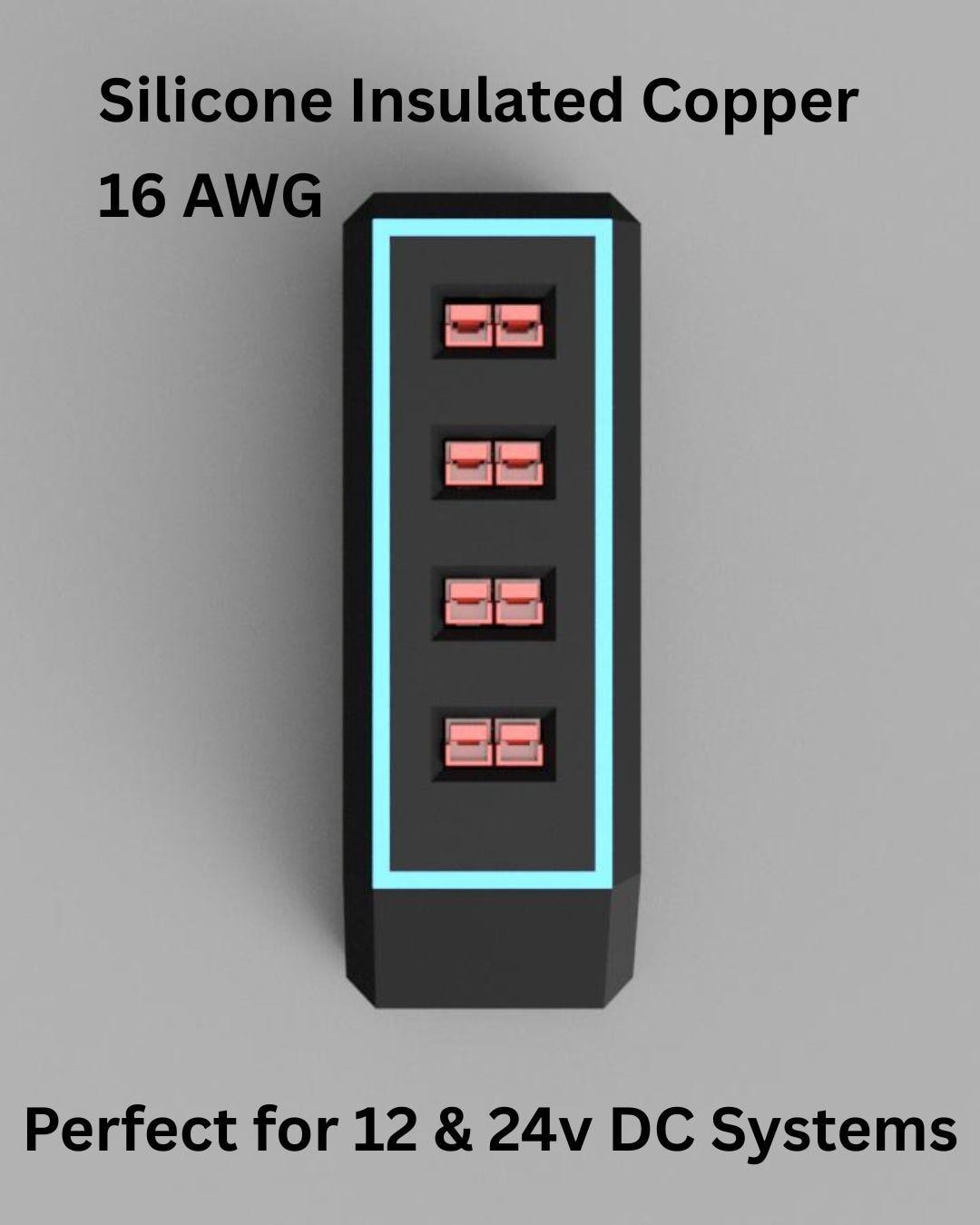 Close-up of the DC power splitter showing four red Anderson Powerpole connectors aligned vertically in a matte black rectangular housing. The product is designed for 12V and 24V DC systems.