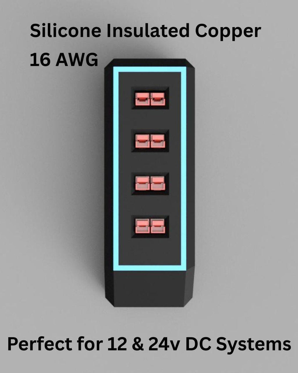 Close-up of the DC power splitter showing four red Anderson Powerpole connectors aligned vertically in a matte black rectangular housing. The product is designed for 12V and 24V DC systems.
