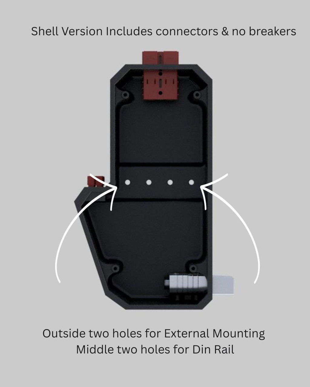 shell version includes all connectors (including pins)  , lid and mount. No other internal items such as wires or breaker switches. DIY wiring.