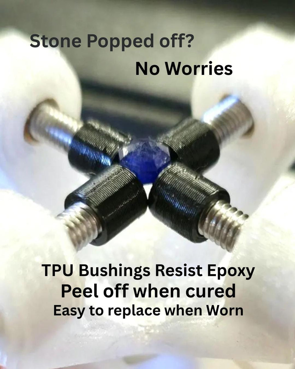 Extreme close-up of a gemstone held in the Gem Axis V3 with TPU bushings. Text overlay explains that TPU resists epoxy and allows easy cleanup after curing. Tool prevents wasted carat weight by keeping gems aligned after a popped stone incident.