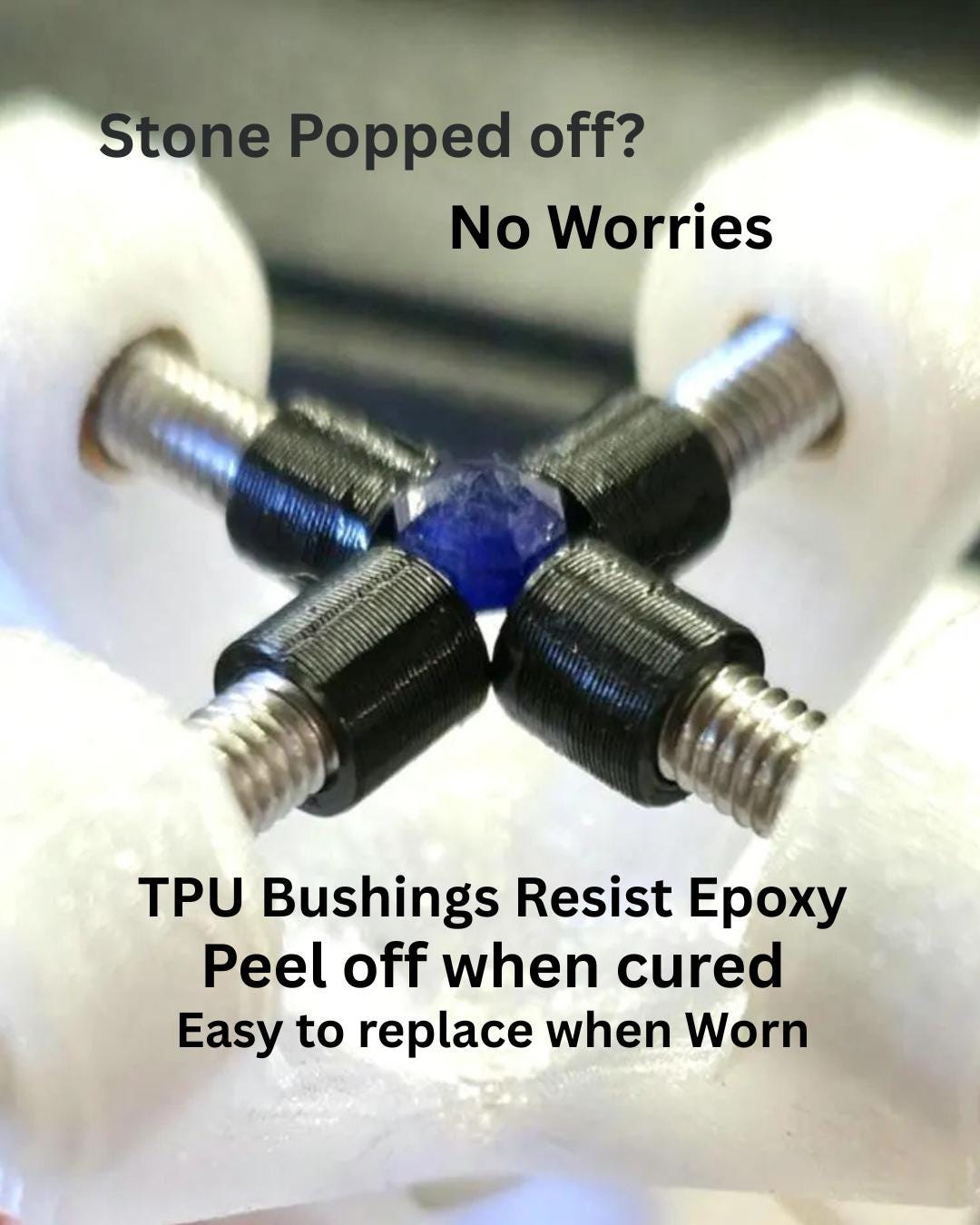 Extreme close-up of a gemstone held in the Gem Axis V3 with TPU bushings. Text overlay explains that TPU resists epoxy and allows easy cleanup after curing. Tool prevents wasted carat weight by keeping gems aligned after a popped stone incident.