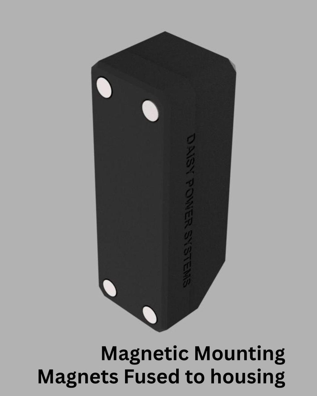 Magnetic Mount exampleAngled view of the Daisy Power Systems magnetic DC power splitter showing one input and four output Powerpole connectors, attached via silicone-insulated copper wire. Designed for clean, modular off-grid and camper power setups.