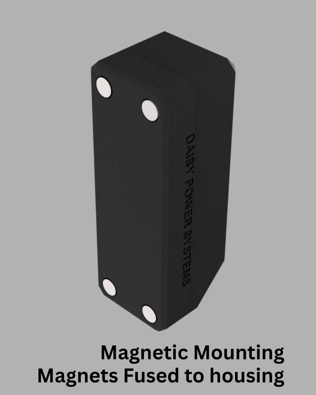 Magnetic Mount exampleAngled view of the Daisy Power Systems magnetic DC power splitter showing one input and four output Powerpole connectors, attached via silicone-insulated copper wire. Designed for clean, modular off-grid and camper power setups.