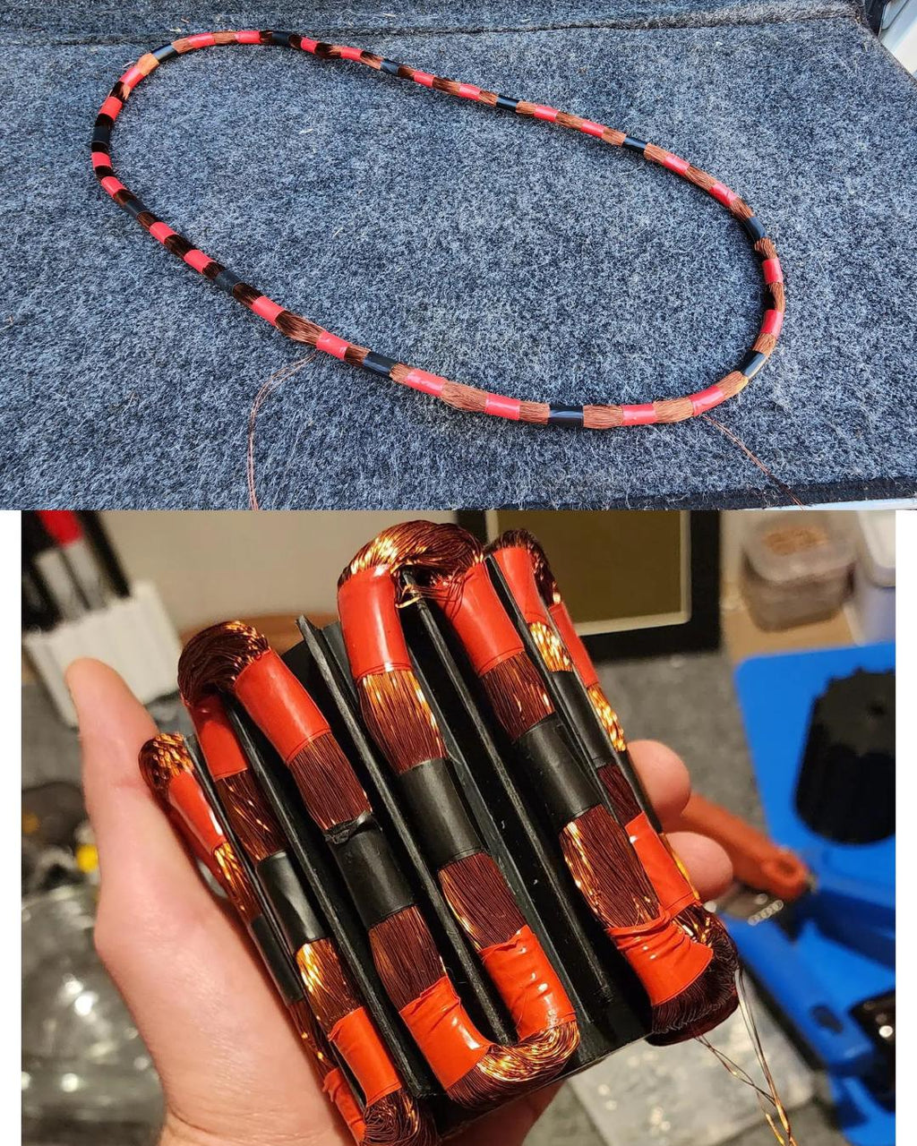 Two-part image showing precision-wound copper coils made with custom jigs. Top: a continuous loop of alternating-color insulated wire laid on a mat. Bottom: a hand holding a compact laminated stator coil assembly with tightly packed windings for motors, generators, or induction prototypes.