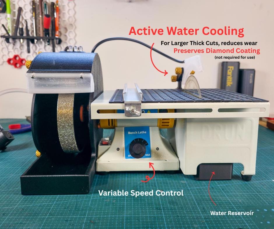 Front view of the MakerSpace Edition showing dual diamond grinding wheels, saw table, and integrated water lines. Annotations highlight active water cooling, variable speed control, and water reservoir placement, showing how the cooling system reduces wheel wear and preserves diamond coating.