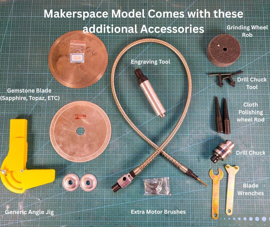 Flat lay of all included accessories: gemstone blades, engraving tool, drill chuck, cloth polishing rods, angle jig, extra brushes, and spanners. Labeled layout shows full tool complement provided with the MakerSpace Edition for cutting, engraving, polishing, and maintenance tasks.