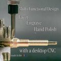 Image features a brass lapidary dop stick being machined on a multi axis cnc machine. There is text on the image that highlights its multifunctional design to allow faceting, Laser Engraving, and gets you hand polishing quicker with desktop cnc technology. Additionally there is a small annotation that this product is made in the USA.