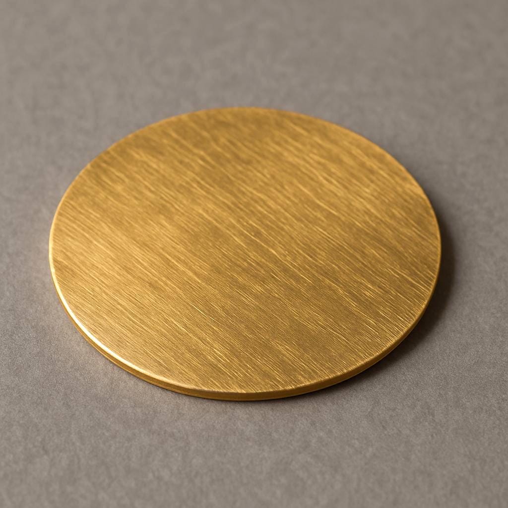 “Close-up macro view of brushed brass with visible directional grain and texture. The detailed surface pattern is typical of raw brass stock used for engraving, jewelry blanks, CNC machining, and metal finishing work.”