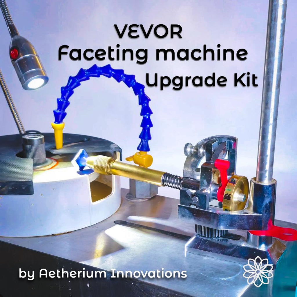 Vevor faceting machine shown in use with multiple aftermarket upgrades installed, including a splash lid, water baffle shield, free spin adapter, knurled controls, and lapidary accessories. On-image text reads “VEVOR Faceting machine Upgrade Kit” and “by Aetherium Innovations.” The image shows a gemstone mounted on a dop stick approaching the lap under focused lighting, emphasizing a complete faceting machine upgrade system rather than a single part.