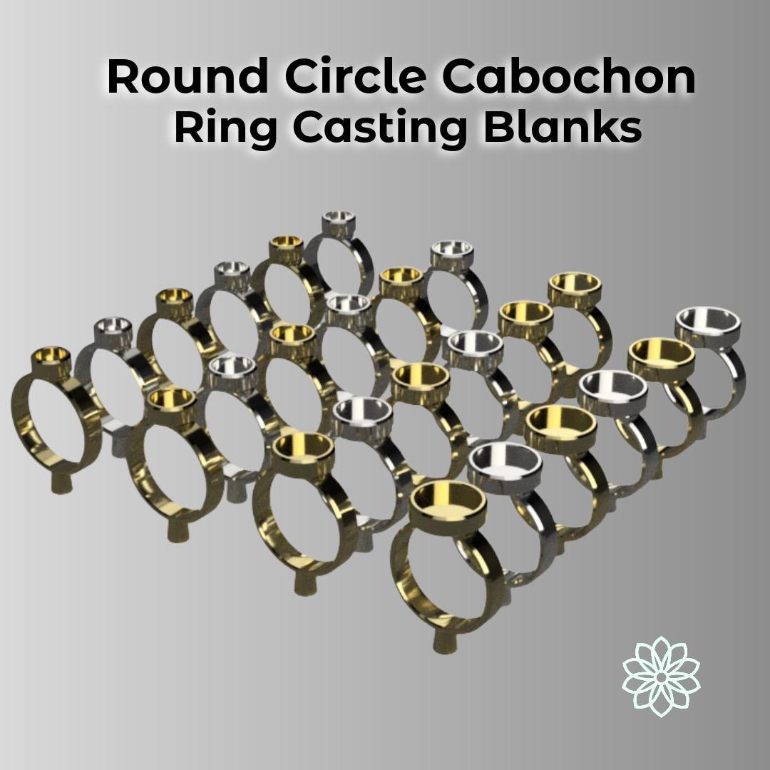 Render showing round cabochon ring designs with smooth bezels and mirrored finishes. Represents circular models from the Cabochon Ring Blank Master Collection for 3D printing and jewelry casting.