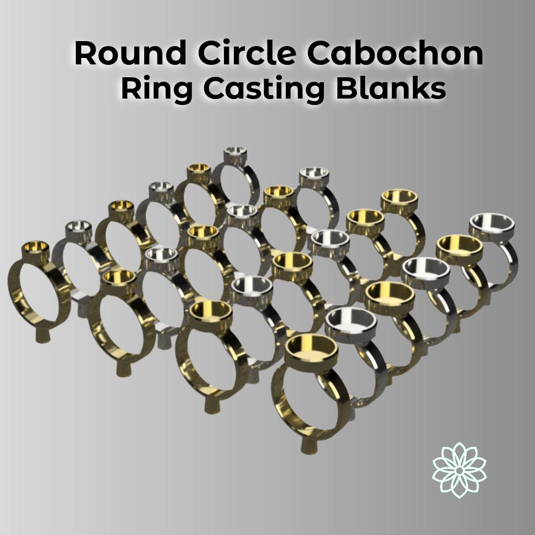 Render showing round cabochon ring designs with smooth bezels and mirrored finishes