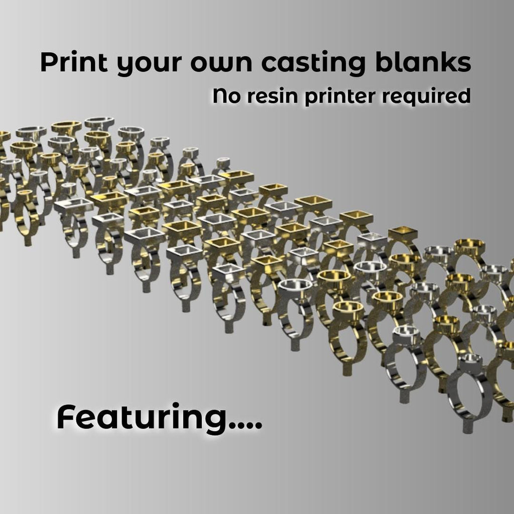 Render of multiple 3D-printed ring blanks in metallic finishes with text “Print your own casting blanks – No resin printer required.” Highlights PolyCast PVB workflow for clean burnout casting, part of the Aetherium Lapidary digital design collection.