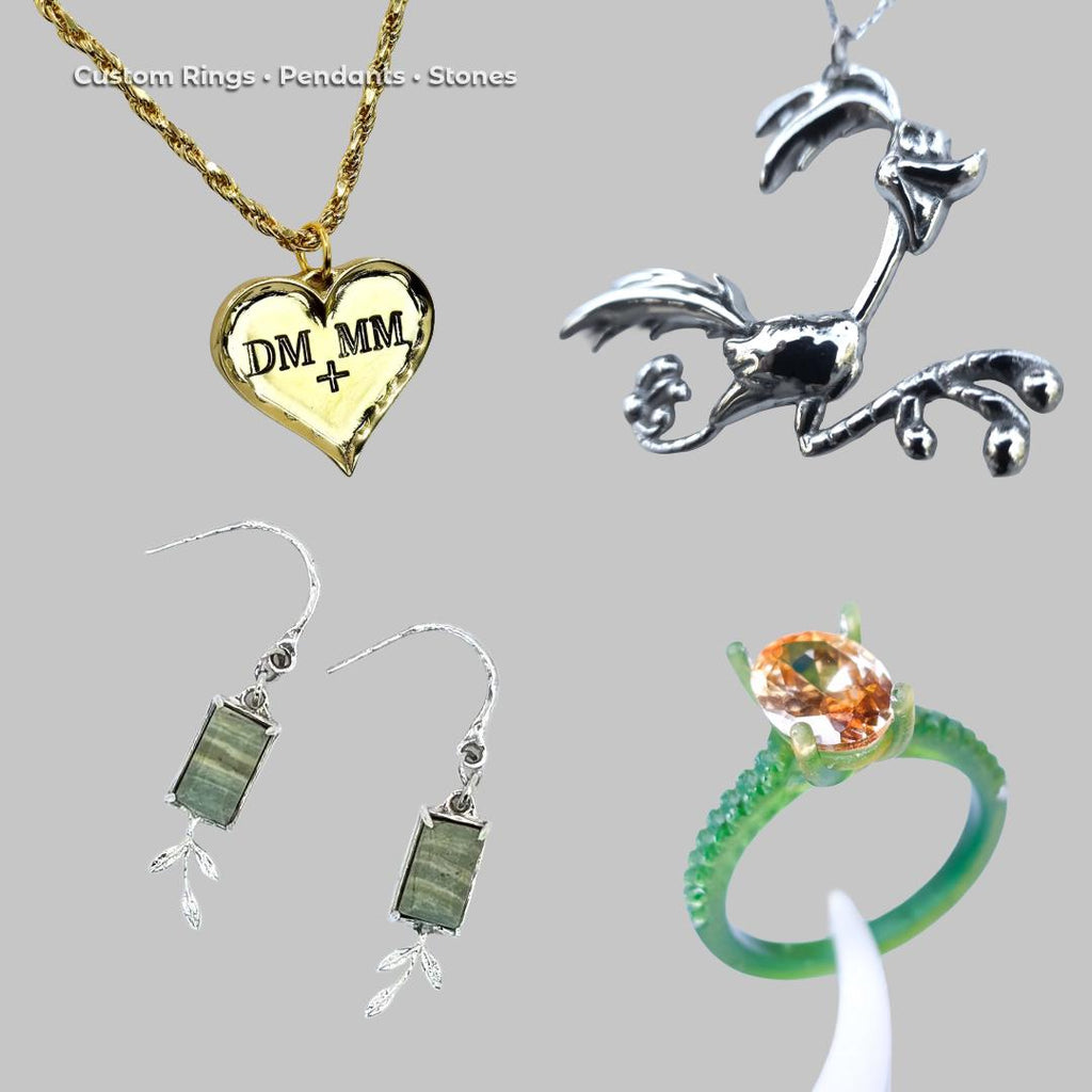Collection of custom jewelry pieces including a gold heart pendant with engraved initials, silver bird pendant, handcrafted gemstone earrings, and a green prototype ring. Highlights the range of custom jewelry design services, from CAD modeling to casting and stone setting. Ideal for rings, pendants, earrings, and bespoke heirlooms.