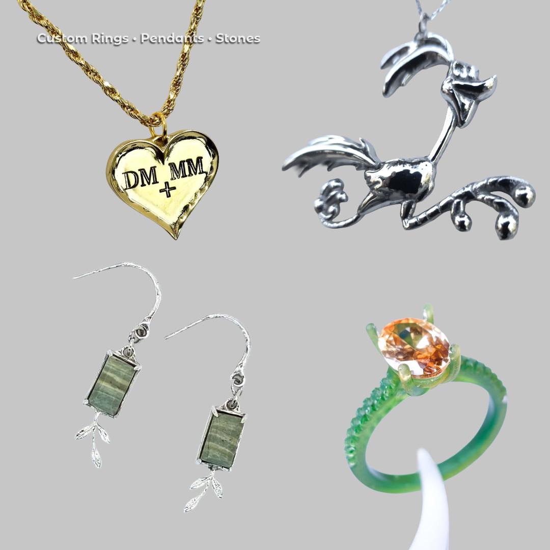 Collection of custom jewelry pieces including a gold heart pendant with engraved initials, silver bird pendant, handcrafted gemstone earrings, and a green prototype ring. Highlights the range of custom jewelry design services, from CAD modeling to casting and stone setting. Ideal for rings, pendants, earrings, and bespoke heirlooms.