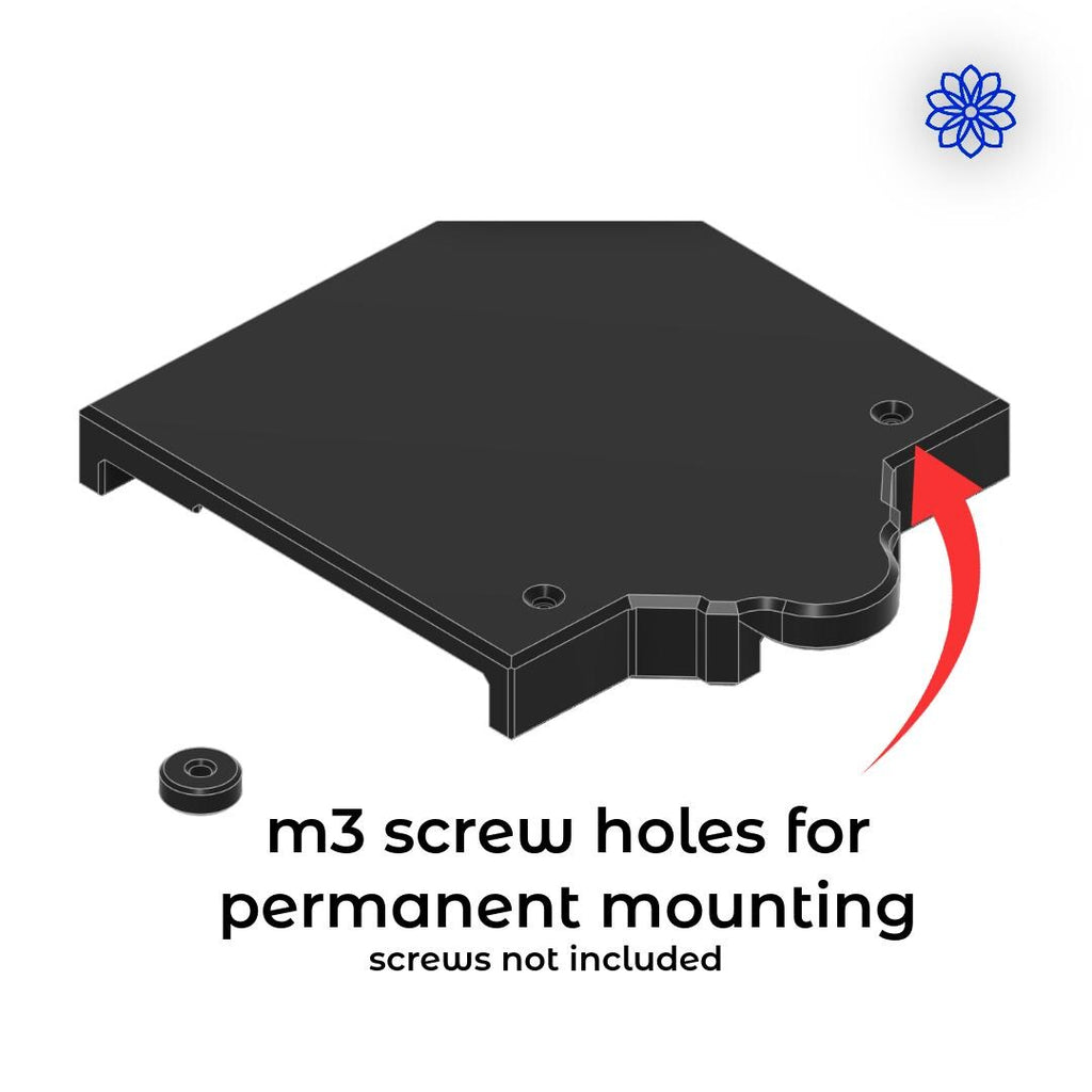 Rear view CAD rendering of the Quick Clamp Adapter base highlighting M3 screw holes for permanent mounting options; screws not included.