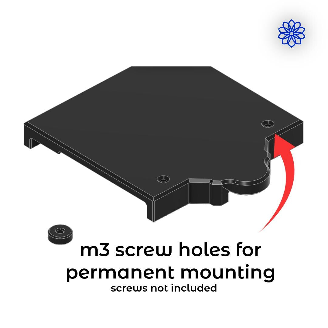 Rear view CAD rendering of the Quick Clamp Adapter base highlighting M3 screw holes for permanent mounting options; screws not included.