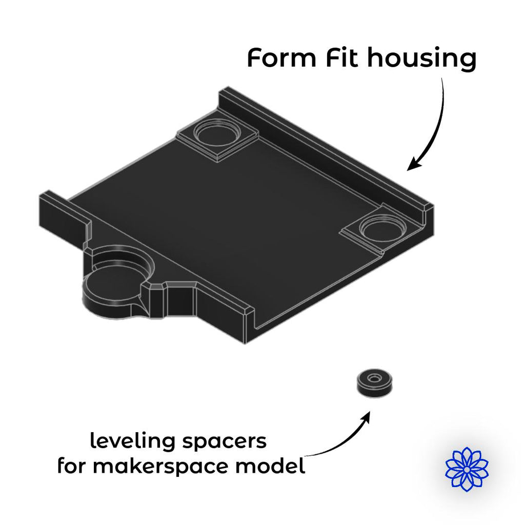 CAD diagram of the Quick Clamp Adapter showing the precision form-fit housing for lathe motor base alignment and removable leveling spacers designed for the MakerSpace model.