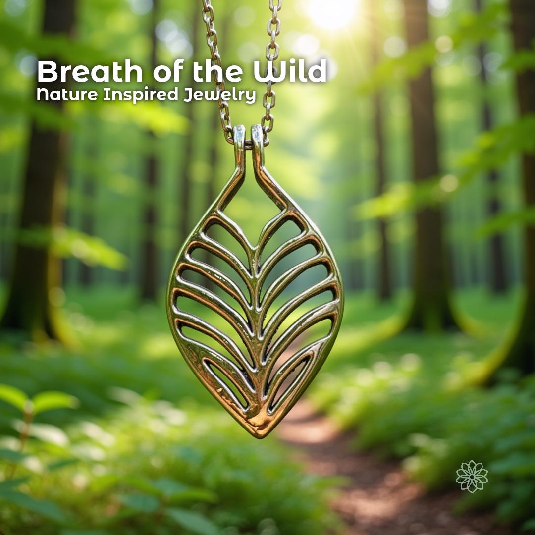 “Sterling silver leaf-shaped pendant hanging from a chain, photographed in a lush green forest with sunlight filtering through tall trees. The pendant has an openwork organic design resembling branching veins of a leaf. Soft background blur highlights the jewelry as the focal point. Nature-inspired handmade pendant from the Pacific Northwest.”