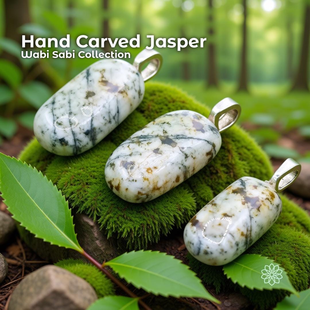 Three hand-carved river jasper pendants resting on bright green moss in a forest setting. Each pendant has a smooth oval shape with grey, white, and brown patterns and is finished with a sterling silver bail. The background shows soft woodland greenery and leaves, creating an earthy, nature-inspired atmosphere that matches the Wabi Sabi aesthetic of the jewelry.