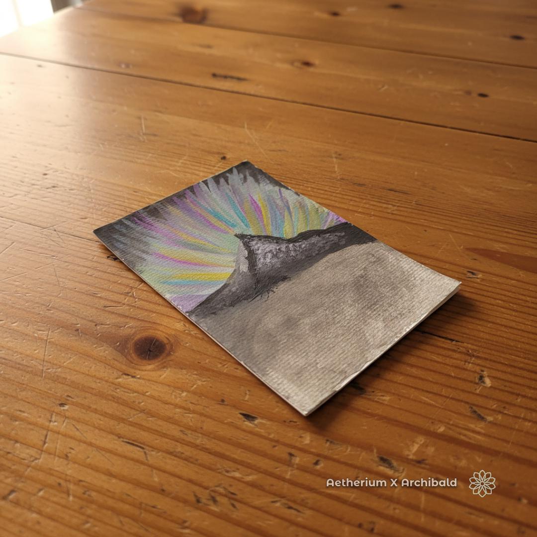 “Hand-painted watercolor card featuring a Pacific Northwest mountain silhouette with radiant aurora-style beams in teal, violet, gold, and soft green. Set on a warm wooden table with visible grain, emphasizing the textured watercolor cardstock. Part of the Aetherium x Archibald small-batch PNW Artist Series.”