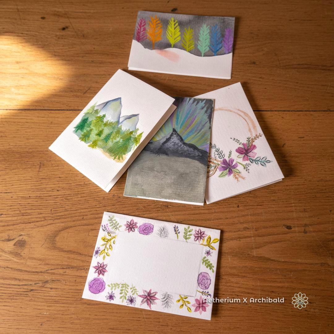 “Top-down view of five handmade watercolor cards arranged on a sunlit wooden table. Designs include mountain evergreens, aurora sky over a peak, rainbow winter leaves, floral clusters, and a botanical frame. Textured watercolor paper highlights the handcrafted quality of the Aetherium x Archibald Pacific Northwest Artist Series.”