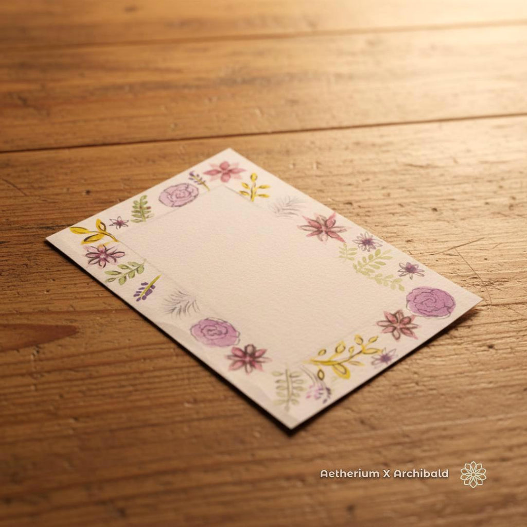 “Botanical watercolor card bordered with hand-painted florals in lavender, blush, sage, and soft greenery. The center is left blank for personal notes or journaling. Card rests on a warm wooden surface, showing the artisan texture of the watercolor paper. From the Aetherium x Archibald handmade PNW card series.”