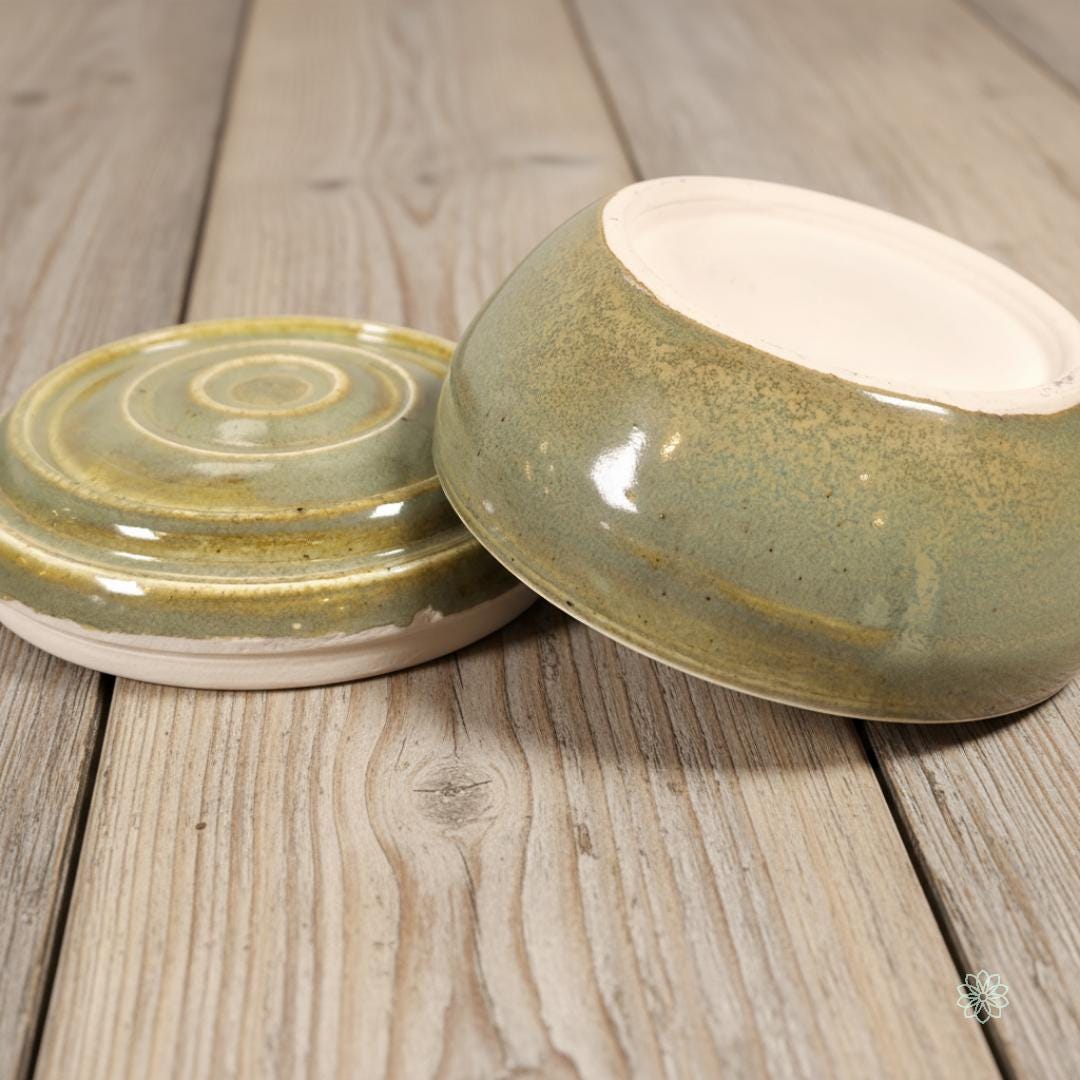 “Open green ceramic altar jar displayed on light farmhouse wood, showing the lid with carved concentric rings beside the matching bowl base. Handmade pottery with soft green glaze and cream stoneware foot. Part of the Aetherium x Archibald ceramic altar collection.”