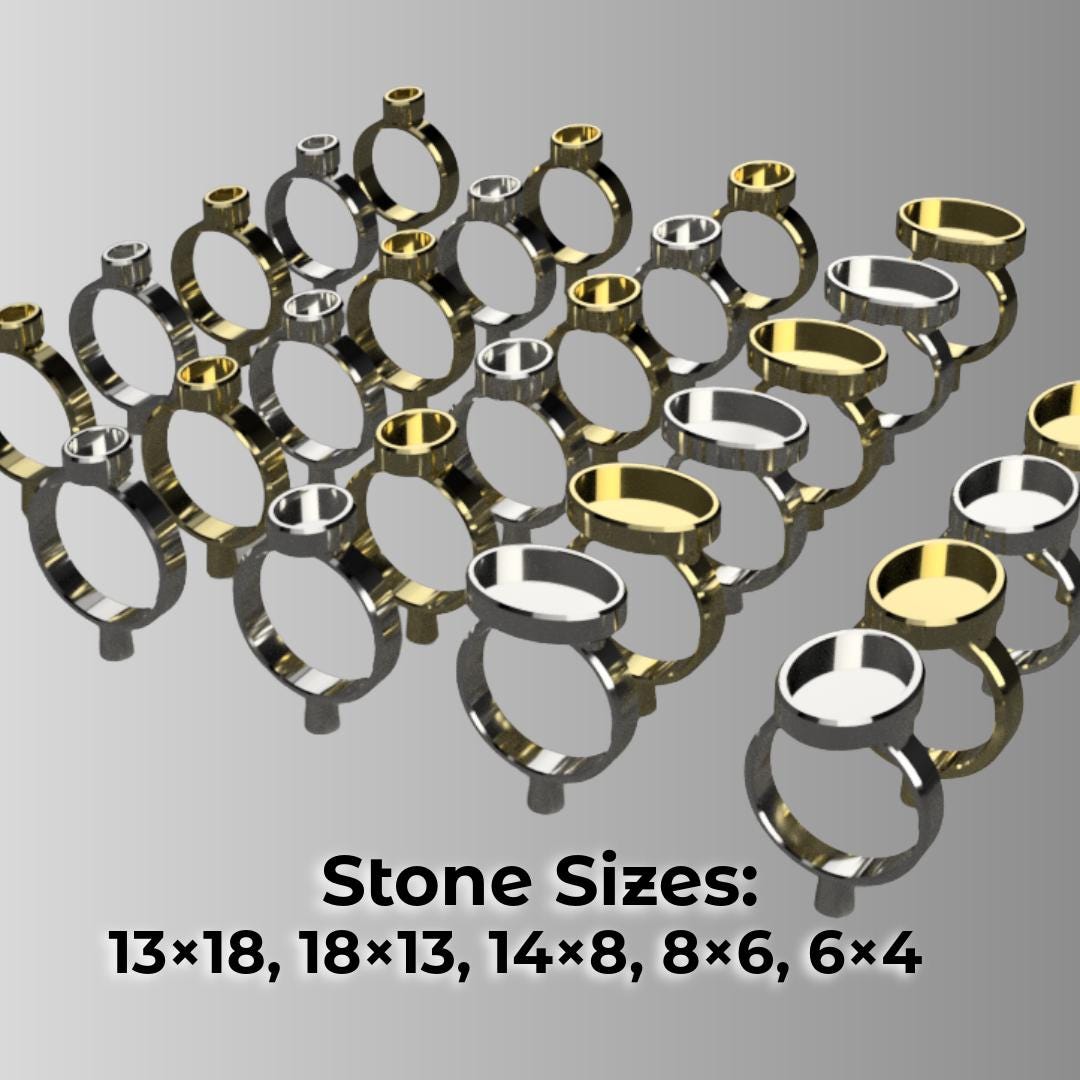 Digital render showing assorted oval cabochon ring blank models for jewelry design in silver and gold tones, labeled with stone sizes 13×18, 18×13, 14×8, 8×6, and 6×4. Used in 3D printing with PolyCast filament for clean burnout casting, compatible with Bambu Studio workflows.