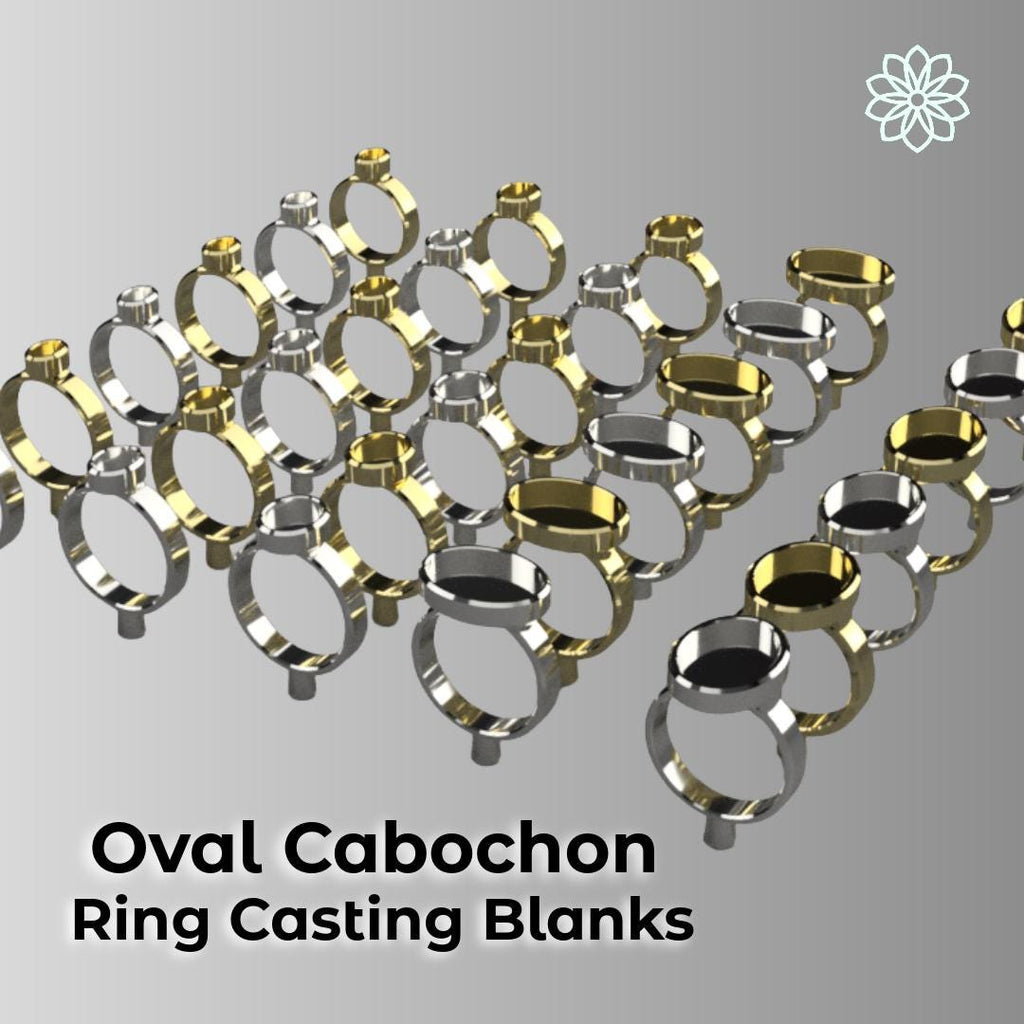 Close-up render of oval cabochon ring blank designs in gold and silver finishes. Jewelry design CAD files optimized for PolyCast burnout printing and Bambu Studios slicing workflow. Represents one shape in the complete Master Collection bundle.