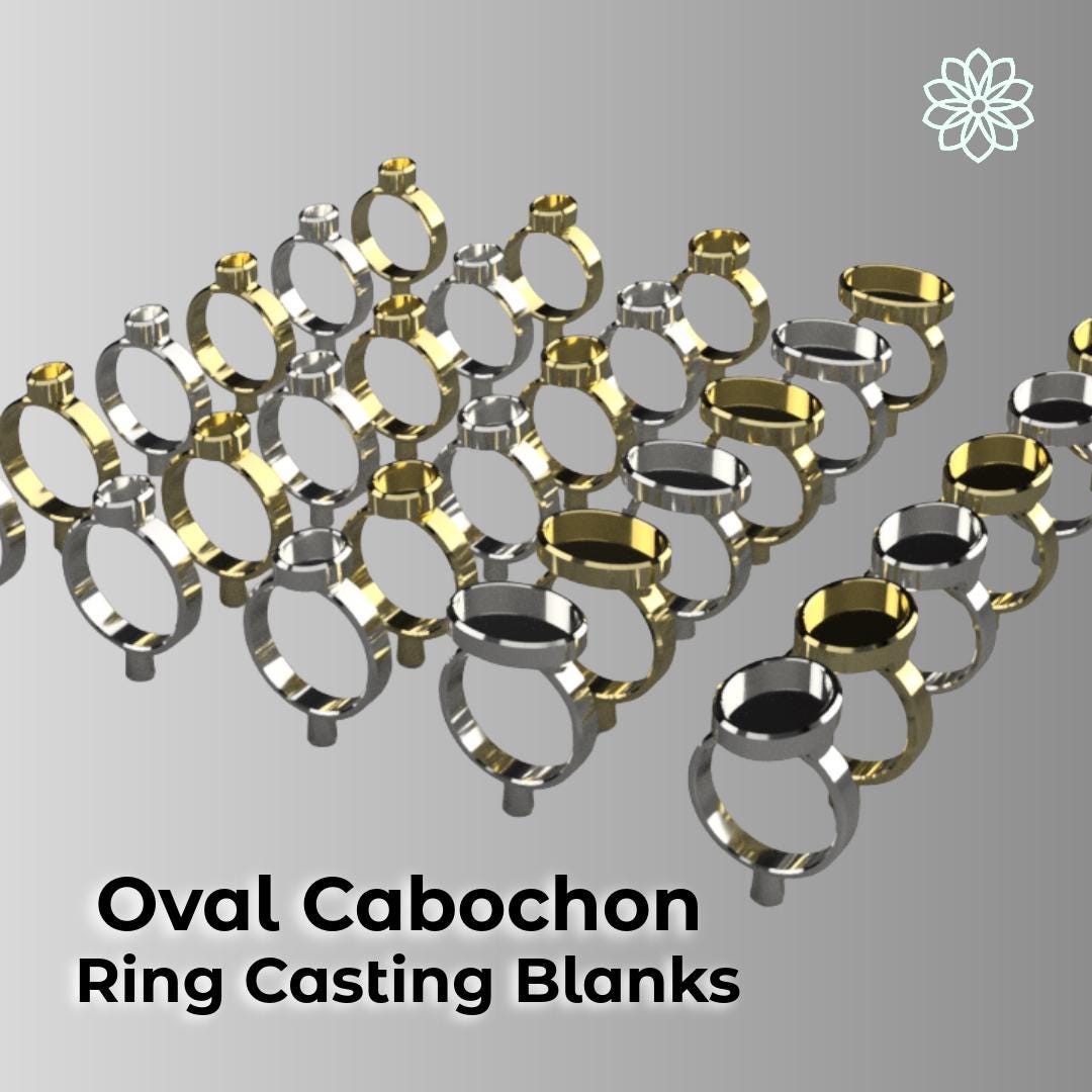 Close-up render of oval cabochon ring blank designs in gold and silver finishes. Jewelry design CAD files optimized for PolyCast burnout printing and Bambu Studios slicing workflow. Represents one shape in the complete Master Collection bundle.